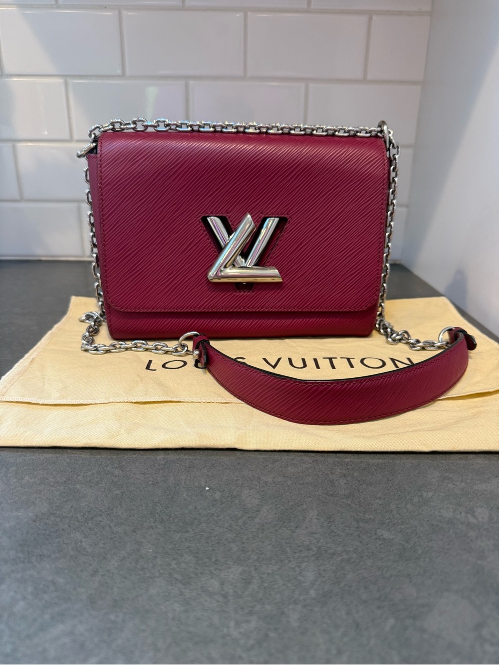 LOUIS VUITTON Epi Twist Shoulder Bag MM Raspberry Pink Silver Hardware